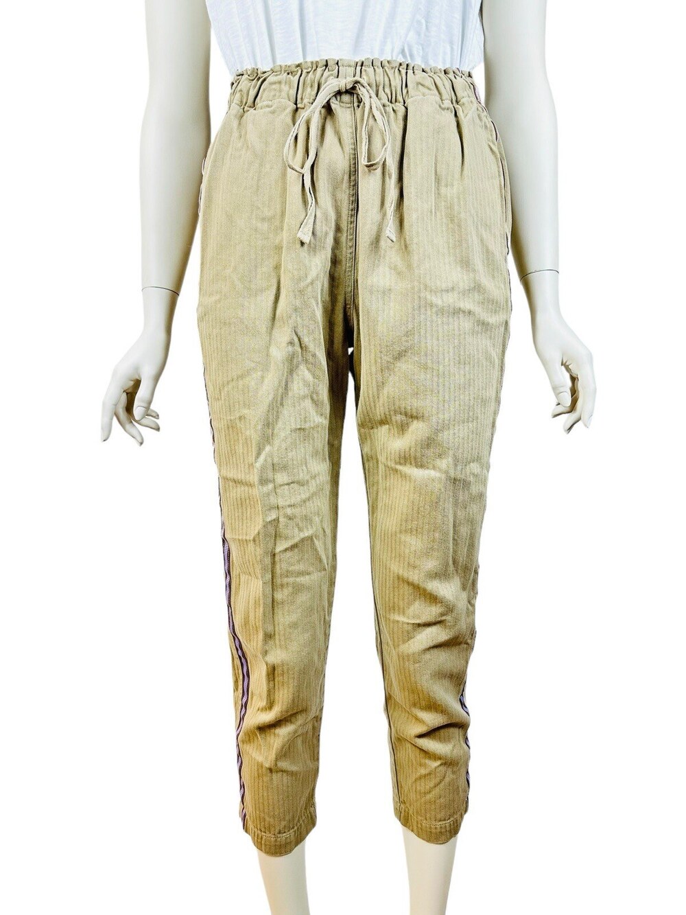 Xirena Drawstring Trouser Pants Women's XS Straight Leg Side Stripe Khaki Cotton